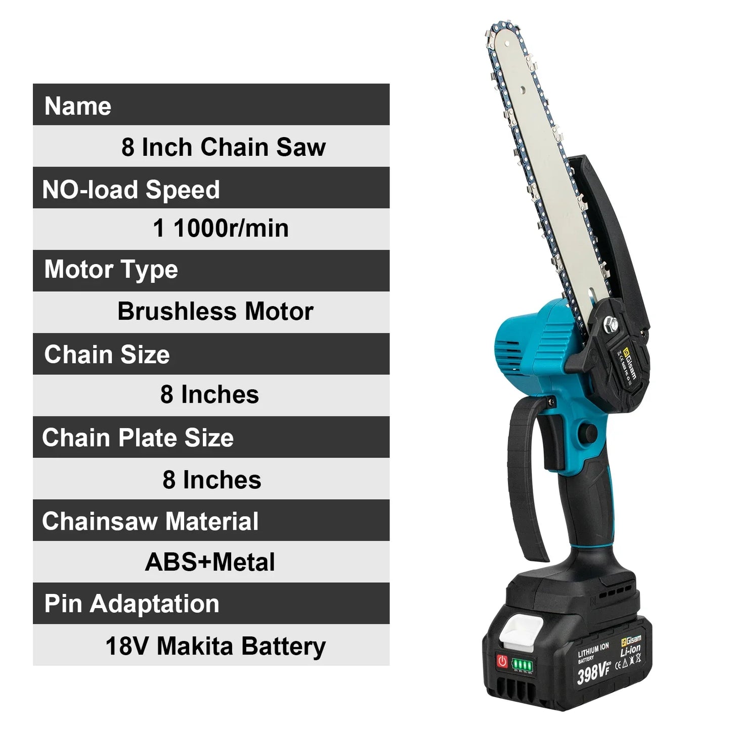 Gisam 8Inch Brushless Electric Saw Cordless Chainsaw Handheld Garden Wood Logging Chainsaw Power Tool for Makita 18V Battery Pin