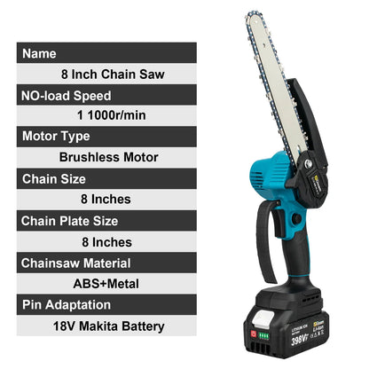 Gisam 8Inch Brushless Electric Saw Cordless Chainsaw Handheld Garden Wood Logging Chainsaw Power Tool for Makita 18V Battery Pin