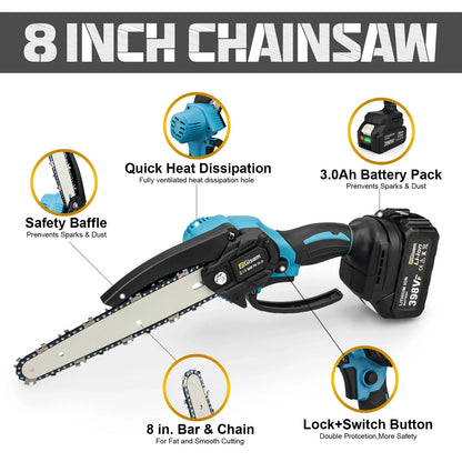 Gisam 8Inch Brushless Electric Saw Cordless Chainsaw Handheld Garden Wood Logging Chainsaw Power Tool for Makita 18V Battery Pin