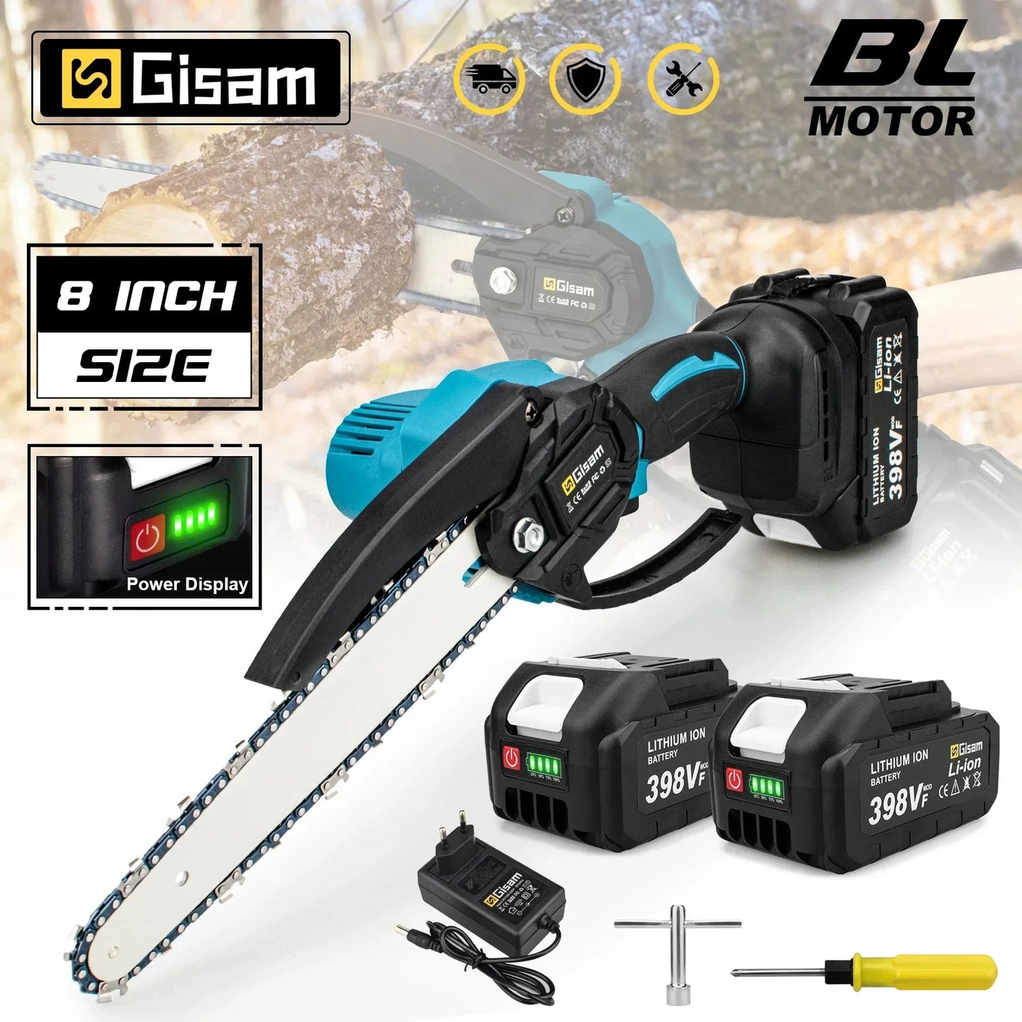 Gisam 8Inch Brushless Electric Saw Cordless Chainsaw Handheld Garden Wood Logging Chainsaw Power Tool for Makita 18V Battery Pin