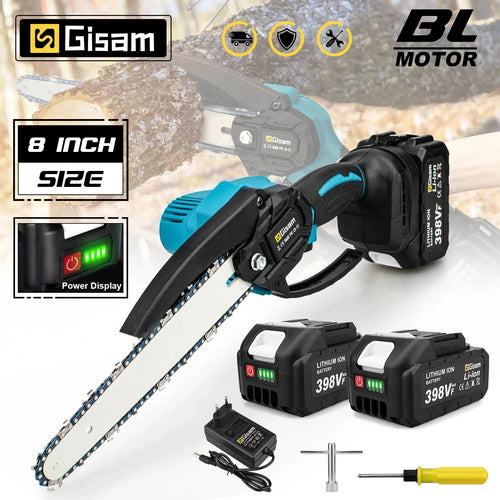 Gisam 8Inch Brushless Electric Saw Cordless Chainsaw Handheld Garden Wood Logging Chainsaw Power Tool for Makita 18V Battery Pin