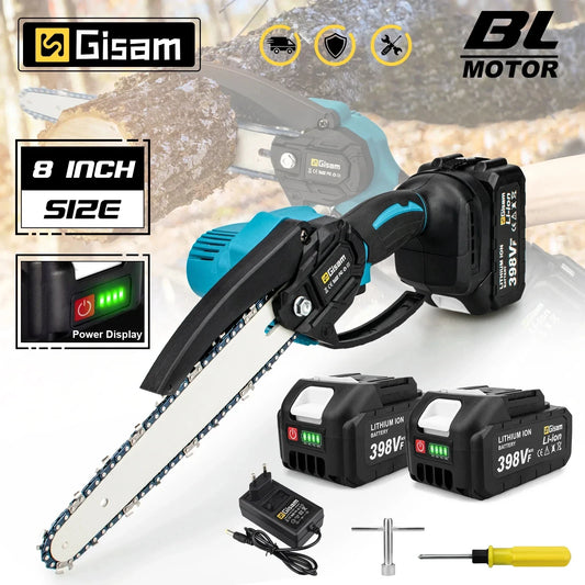 Gisam 8Inch Brushless Electric Saw Cordless Chainsaw Handheld Garden Wood Logging Chainsaw Power Tool for Makita 18V Battery Pin
